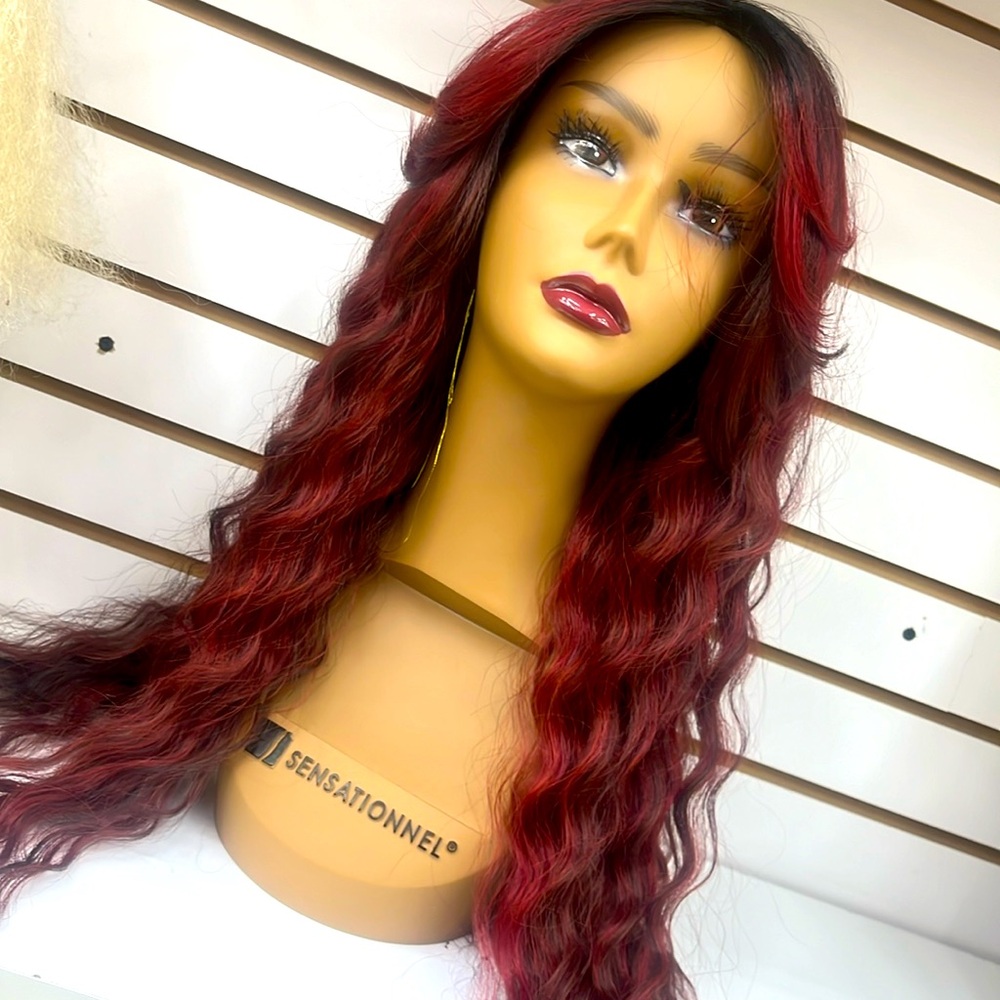 Burgundy curtain bang full wig